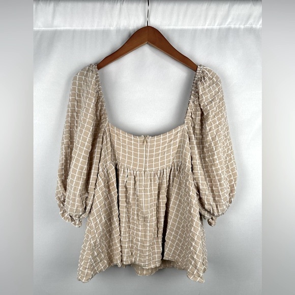 Storia Grid Print Puff Sleeve Babydoll Top - Picture 3 of 5